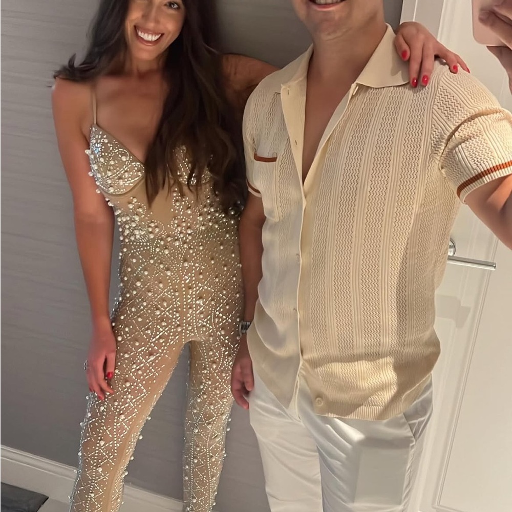 Fashion Nova Nude mesh Beaded Jumpsuit